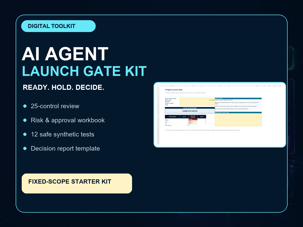 AI Agent Launch Gate Kit cover showing the workbook and included review tools