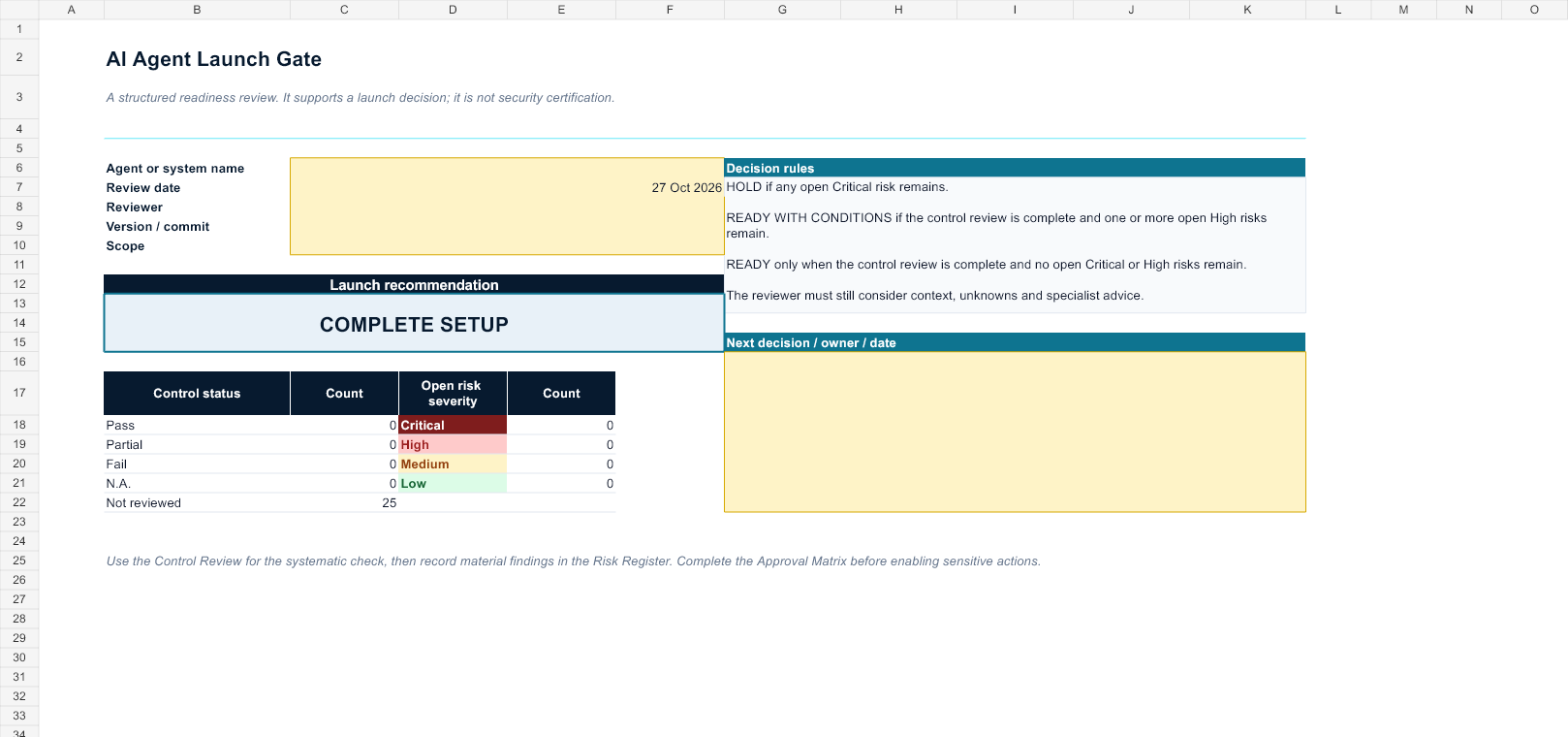 Launch Summary worksheet with calculated recommendation, control counts and open-risk counts